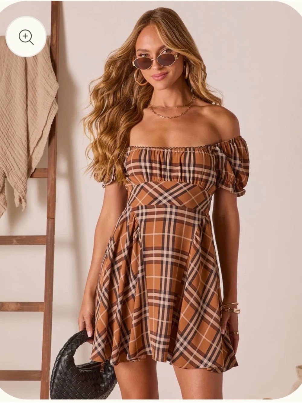Vici Brown Plaid Off-Shoulder Mini Dress
